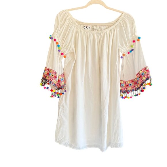 Stellah Anthropologie Off-Shoulder Pom Pom Beaded Embroidered Mini Dress Small - Picture 2 of 10